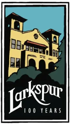 Illustration of a historic yellow building with arches and towers, surrounded by dark green trees, under a blue sky. Text below reads "Larkspur 100 Years.