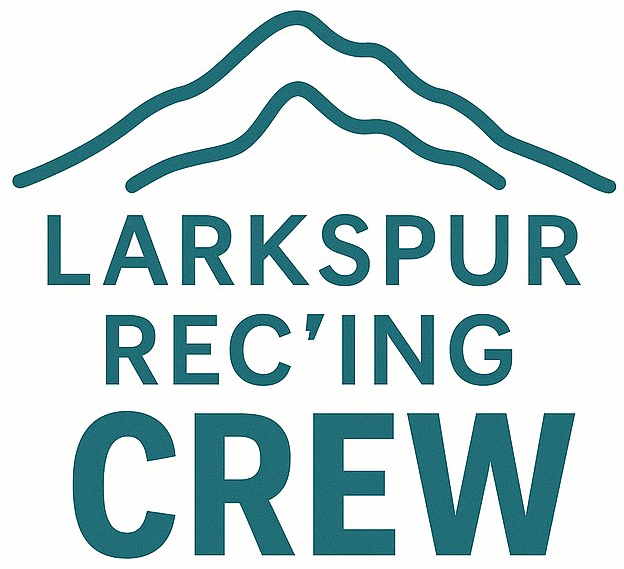 Simple line drawing of a mountain above the bold text "Larkspur Rec’ing Crew" in teal capital letters.