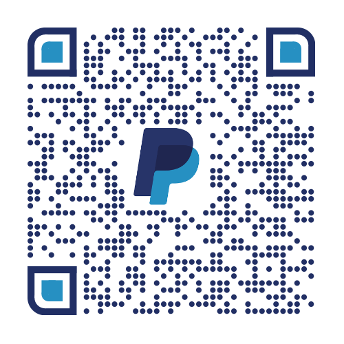 QR code with a blue and dark blue PayPal logo in the center. The code is surrounded by four square markers, each with a blue and white design, on a white background.