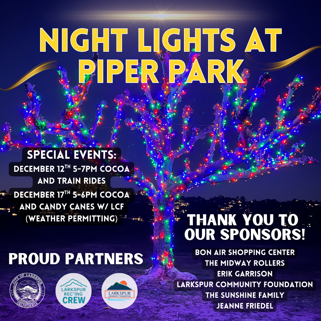 A tree at night is wrapped in colorful holiday lights with event details for “Night Lights at Piper Park.” Text lists dates, special events, partners, and sponsors on a starry background.